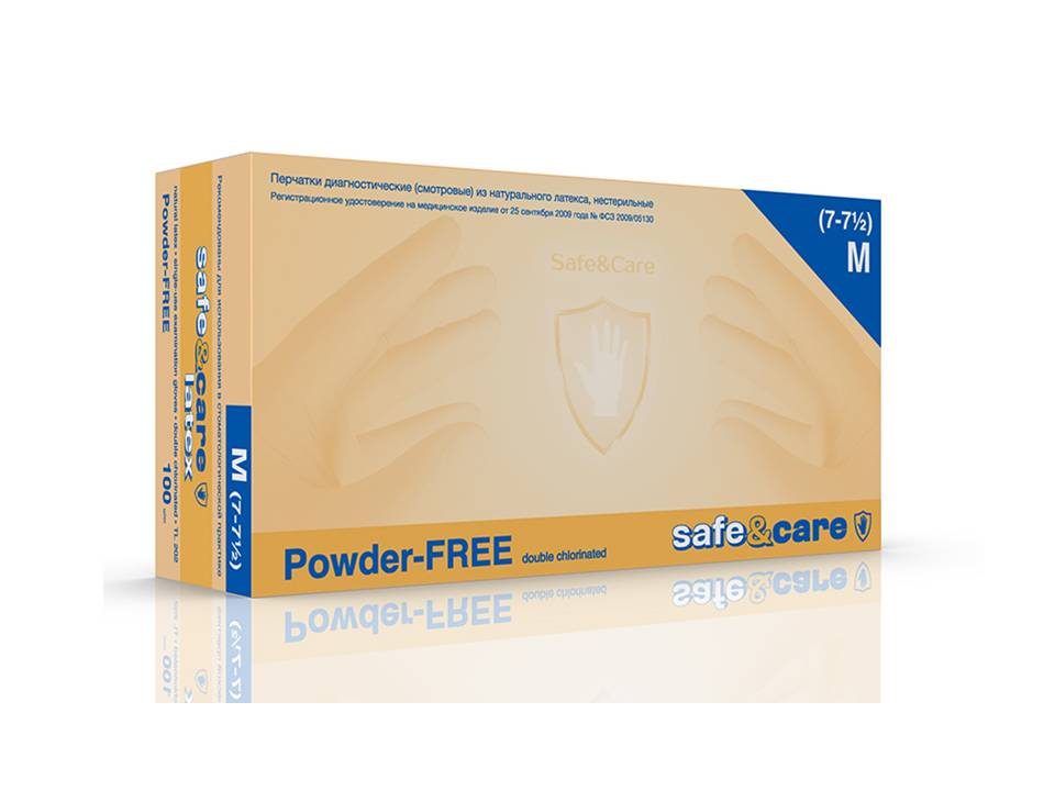 Перчатки Safe&Care M (7/8)-100шт.латексные,двукратного хлорирования